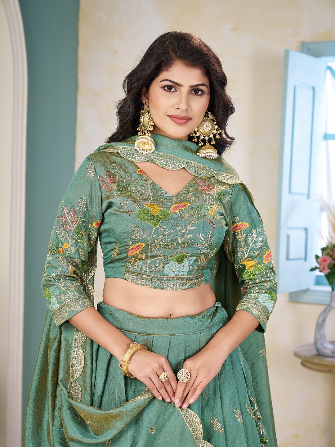 Shopgarb Sea Green Embroidered Lehenga & Matching Men's Kurta Set