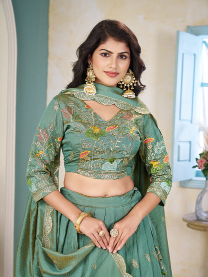 Shopgarb Sea Green Embroidered Lehenga & Matching Men's Kurta Set