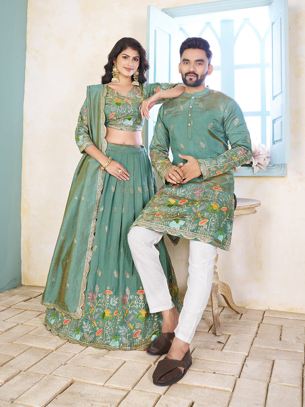 Shopgarb Sea Green Embroidered Lehenga & Matching Men's Kurta Set