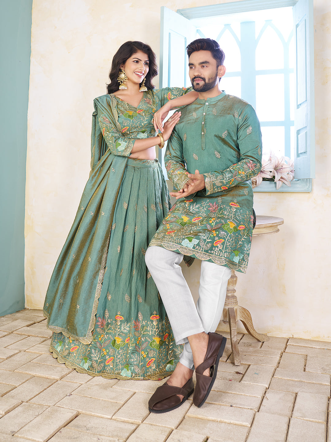 Shopgarb Sea Green Embroidered Lehenga & Matching Men's Kurta Set