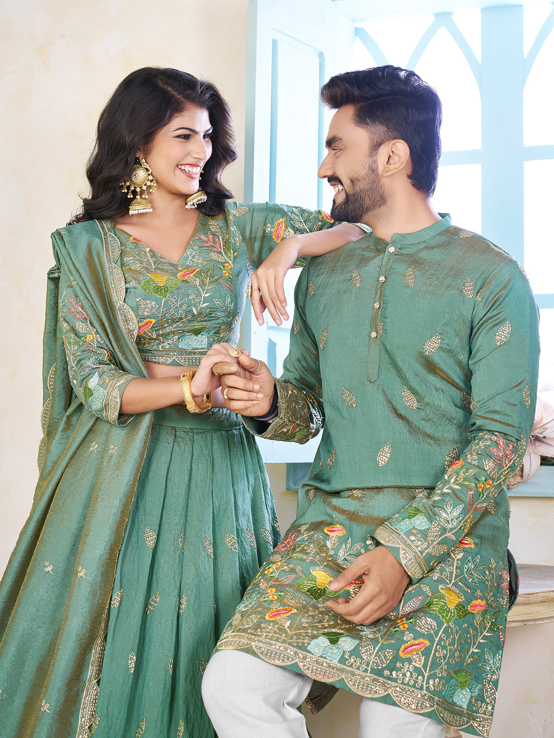 Shopgarb Sea Green Embroidered Lehenga & Matching Men's Kurta Set