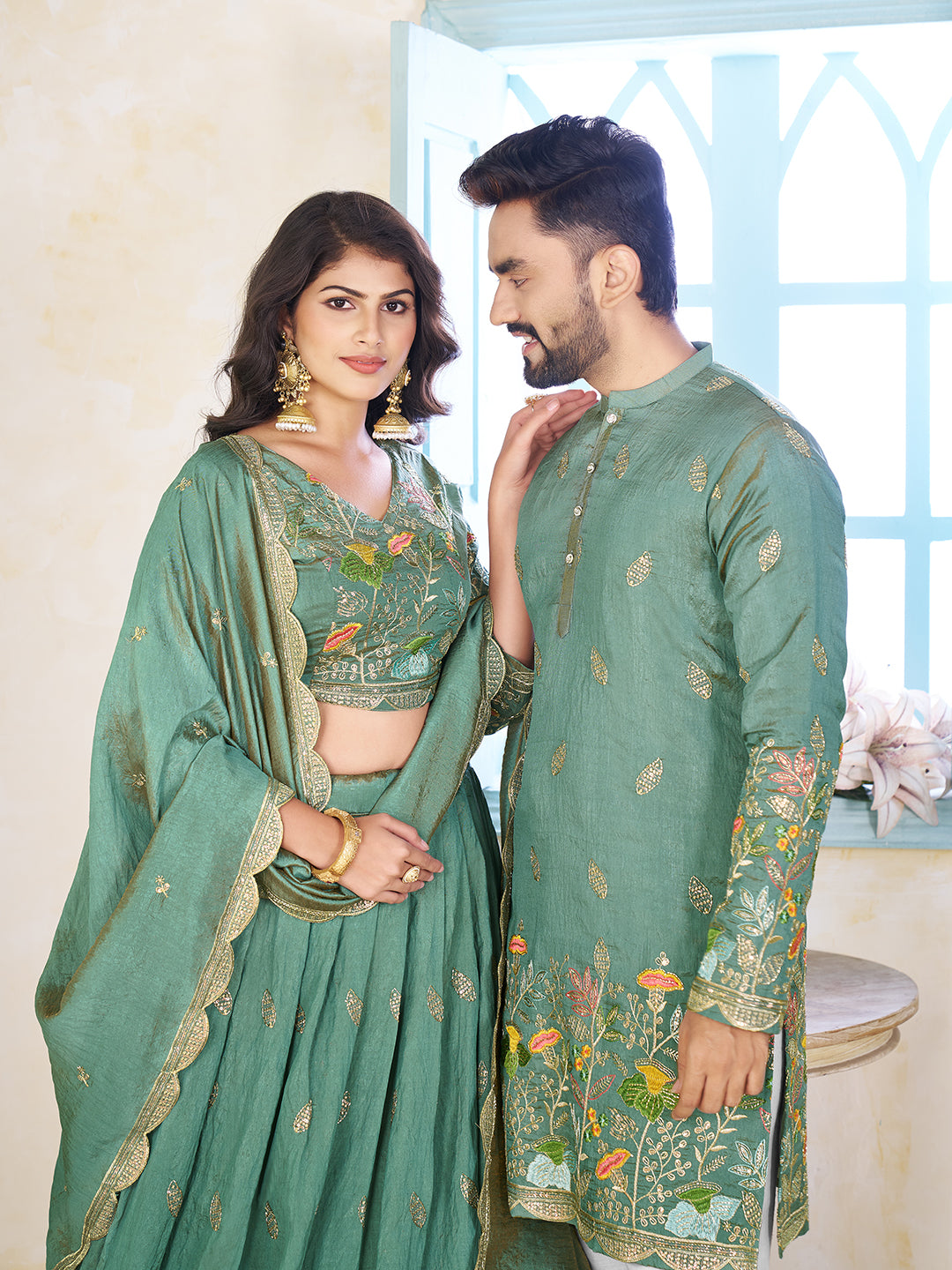 Shopgarb Sea Green Embroidered Lehenga & Matching Men's Kurta Set