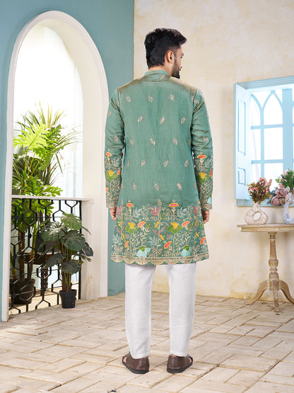 Shopgarb Sea Green Embroidered Lehenga & Matching Men's Kurta Set