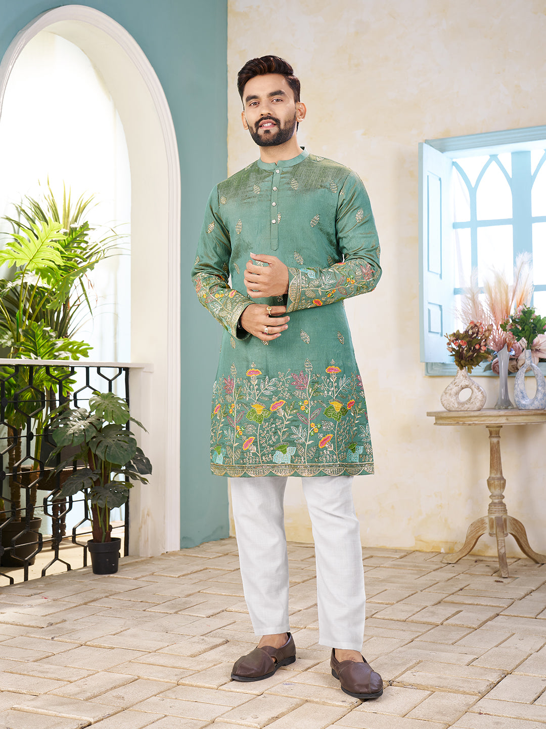Shopgarb Sea Green Embroidered Lehenga & Matching Men's Kurta Set