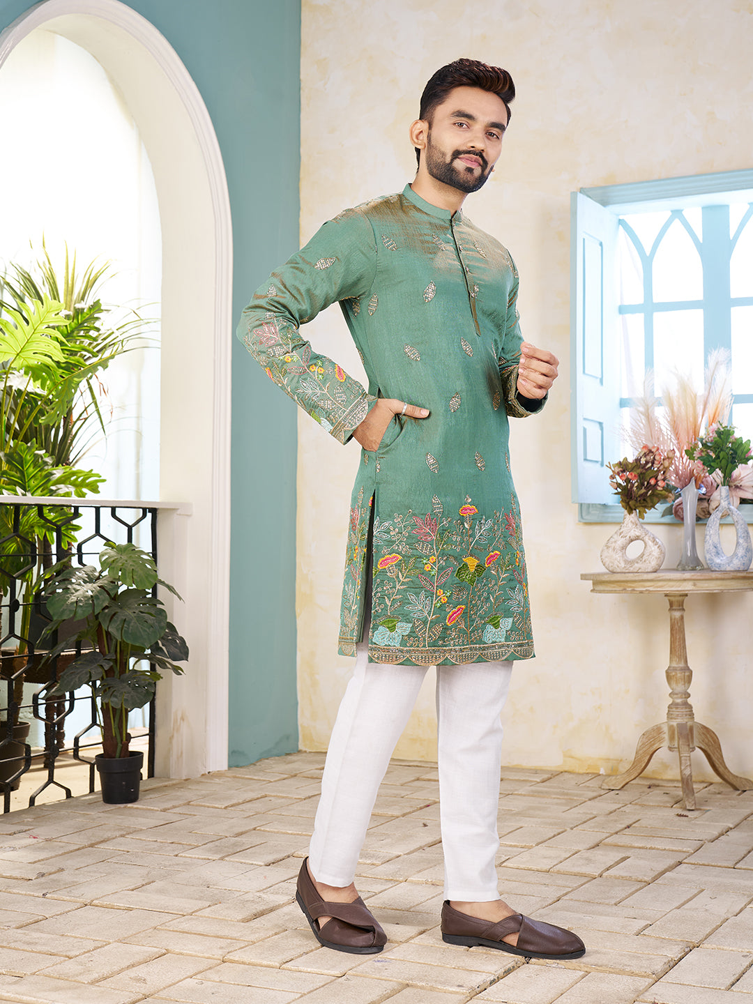 Embroidered Mandarin Collar Thread Work Silk Straight Kurta