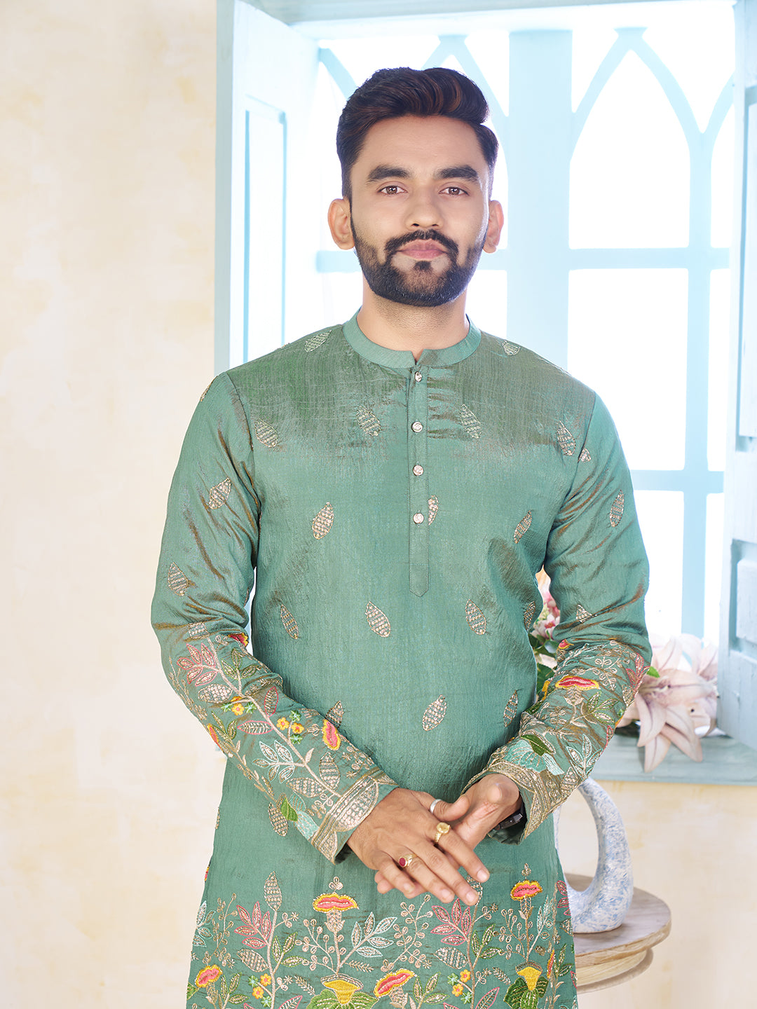 Embroidered Mandarin Collar Thread Work Silk Straight Kurta
