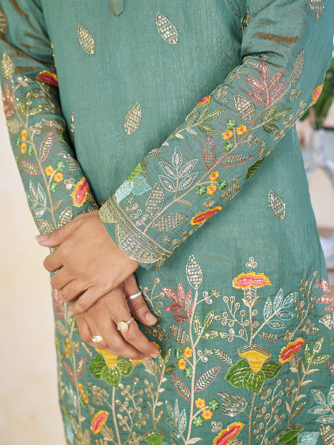 Shopgarb Sea Green Embroidered Lehenga & Matching Men's Kurta Set