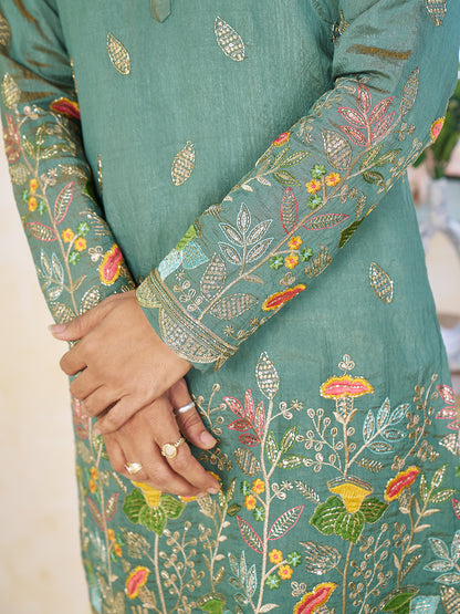 Shopgarb Sea Green Embroidered Lehenga & Matching Men's Kurta Set