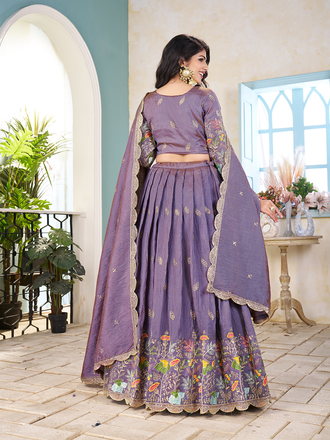 Shopgarb Purple Embroidered Lehenga & Matching Men's Kurta Set