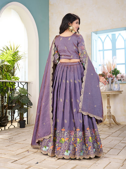 Shopgarb Purple Embroidered Lehenga & Matching Men's Kurta Set