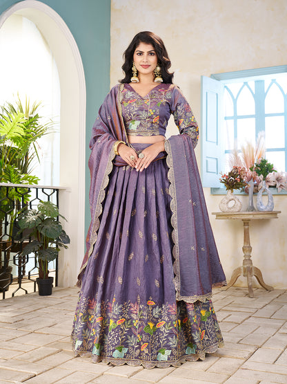 Shopgarb Purple Embroidered Lehenga & Matching Men's Kurta Set