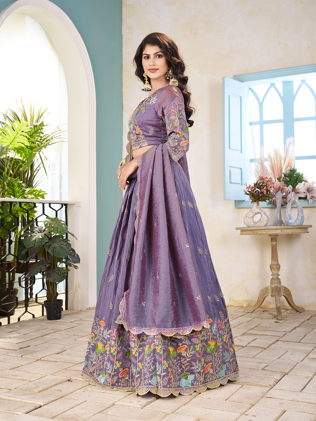 Shopgarb Purple Embroidered Lehenga & Matching Men's Kurta Set