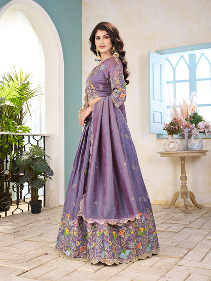 Shopgarb Purple Embroidered Lehenga & Matching Men's Kurta Set