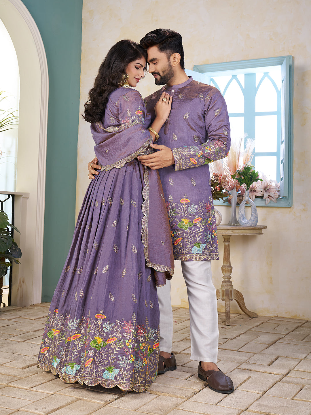 Shopgarb Purple Embroidered Lehenga & Matching Men's Kurta Set