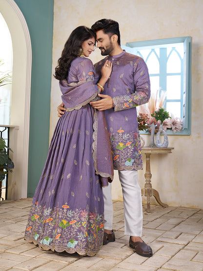 Shopgarb Purple Embroidered Lehenga & Matching Men's Kurta Set