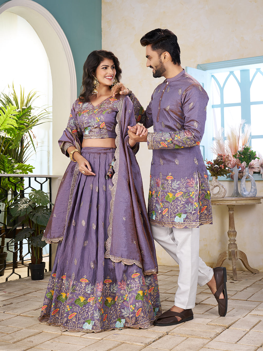 Shopgarb Purple Embroidered Lehenga & Matching Men's Kurta Set