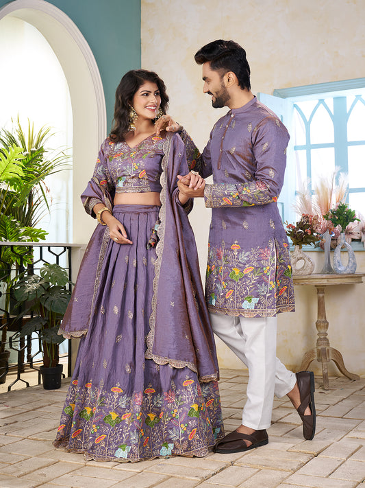 Shopgarb Purple Embroidered Lehenga & Matching Men's Kurta Set