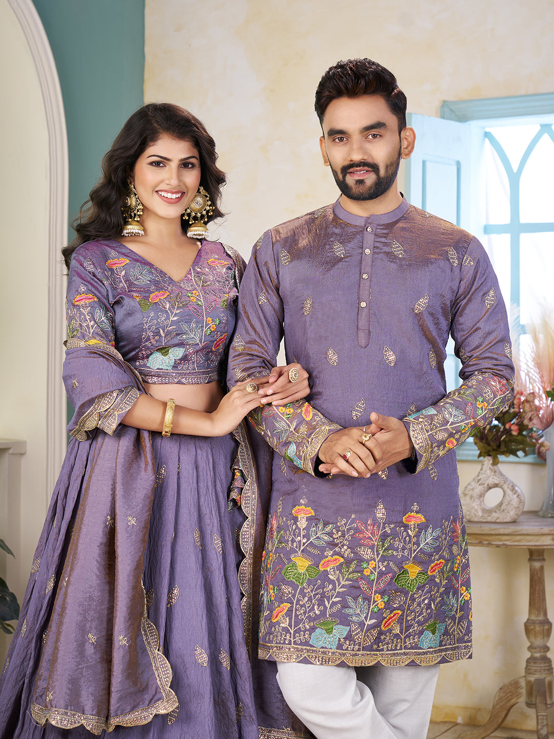 Shopgarb Purple Embroidered Lehenga & Matching Men's Kurta Set