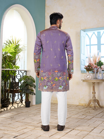Shopgarb Purple Embroidered Lehenga & Matching Men's Kurta Set