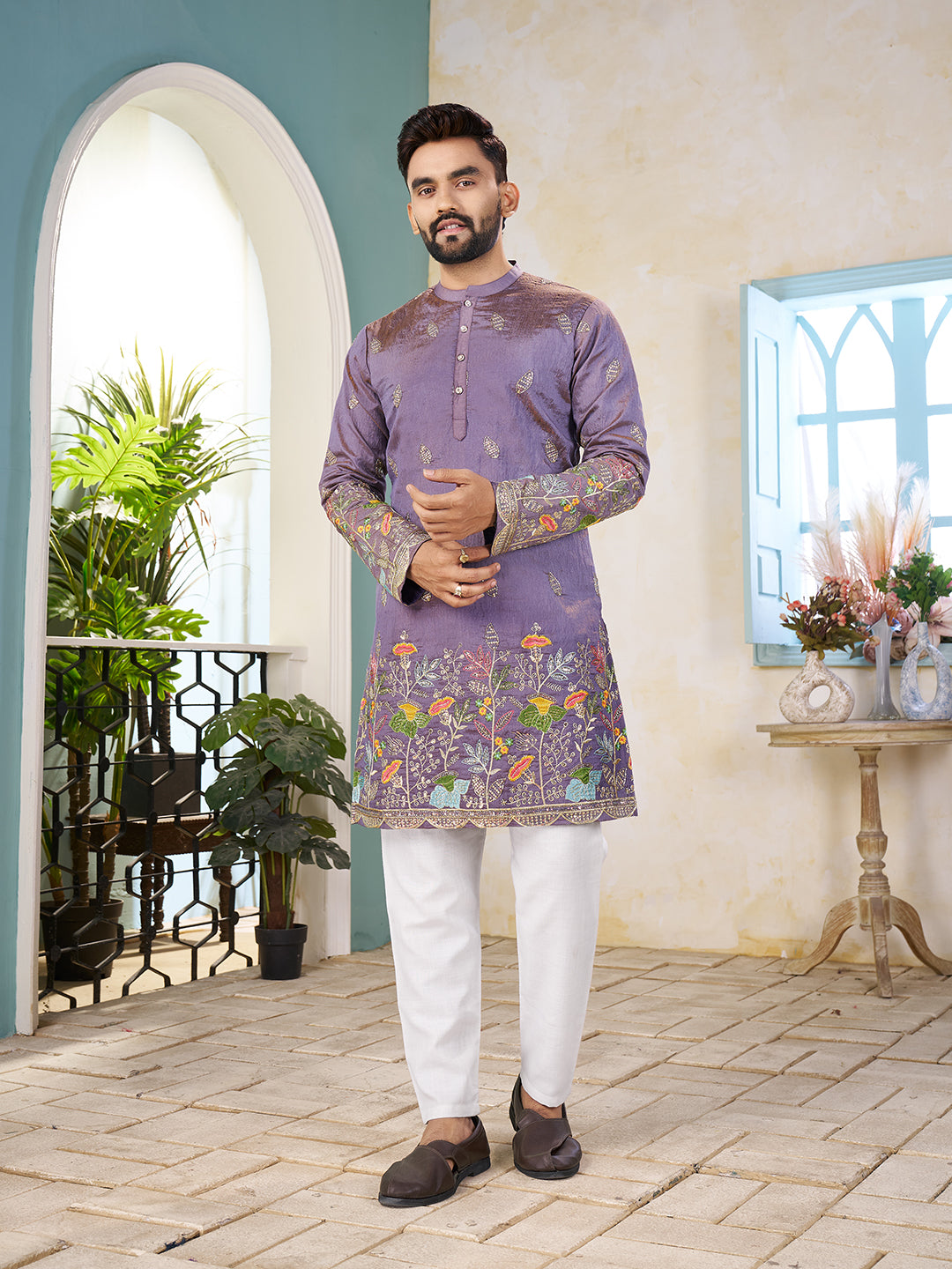 Shopgarb Purple Embroidered Lehenga & Matching Men's Kurta Set