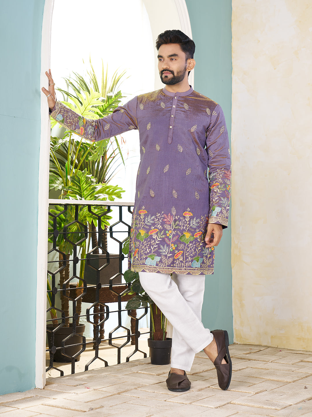 Embroidered Mandarin Collar Thread Work Silk Straight Kurta
