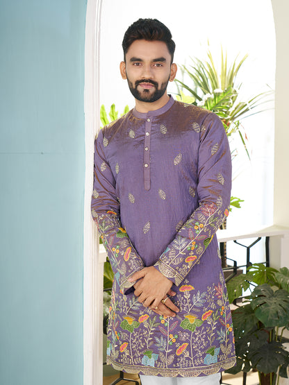 Shopgarb Purple Embroidered Lehenga & Matching Men's Kurta Set
