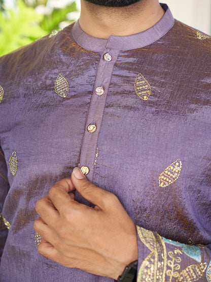 Embroidered Mandarin Collar Thread Work Silk Straight Kurta