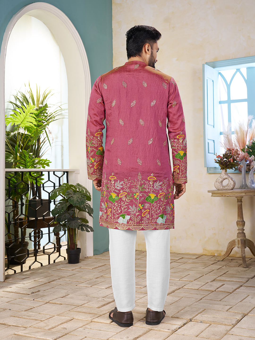 Shopgarb Pink Embroidered Lehenga & Matching Men's Kurta Set
