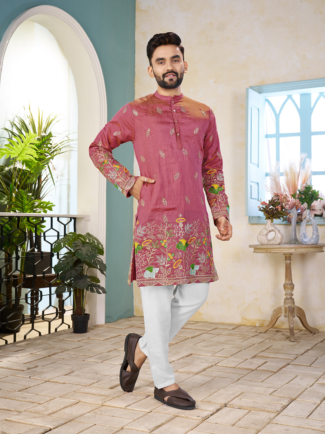 Embroidered Mandarin Collar Thread Work Silk Straight Kurta