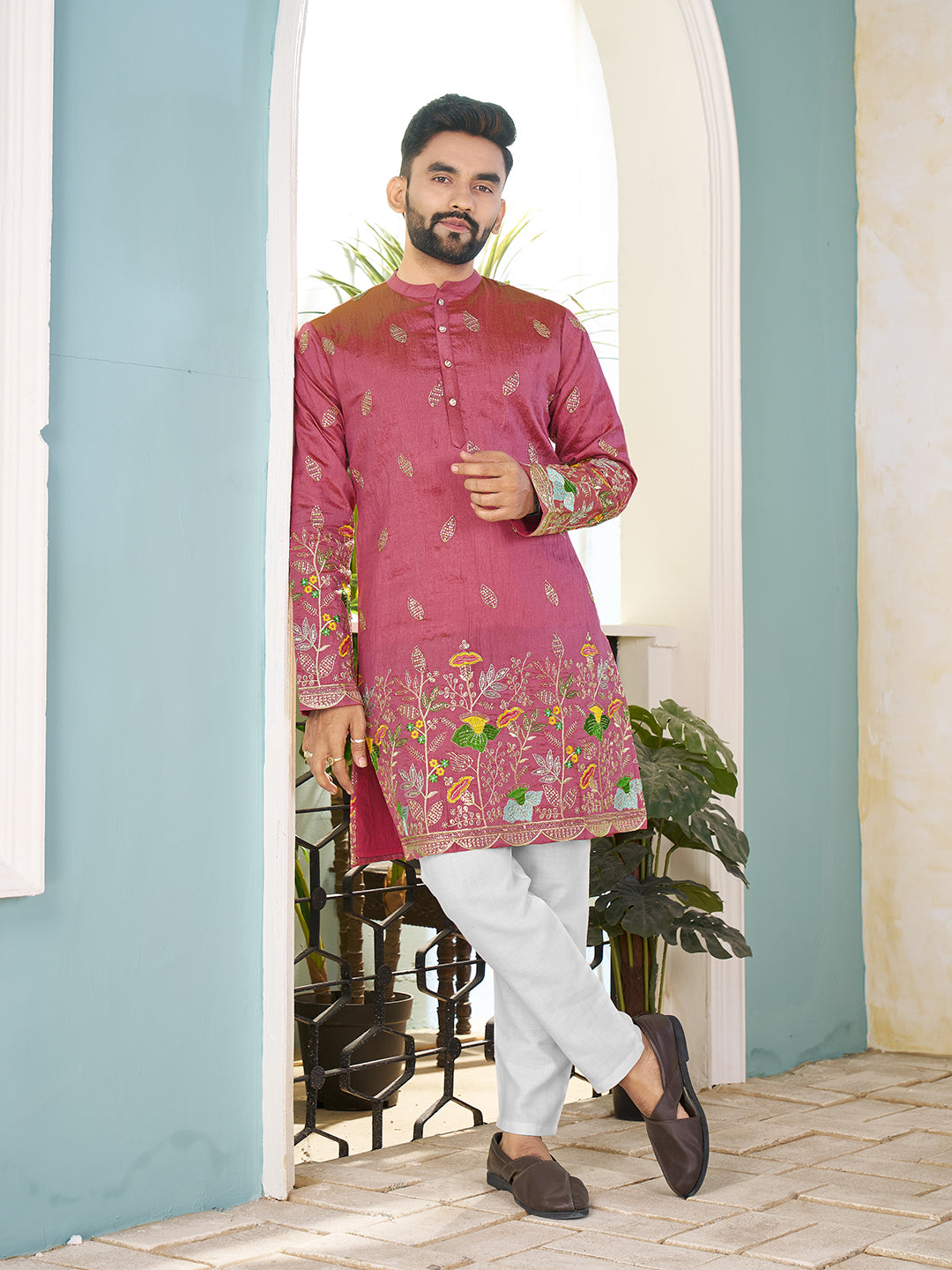 Shopgarb Pink Embroidered Lehenga & Matching Men's Kurta Set