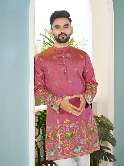 Embroidered Mandarin Collar Thread Work Silk Straight Kurta
