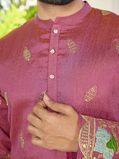 Embroidered Mandarin Collar Thread Work Silk Straight Kurta