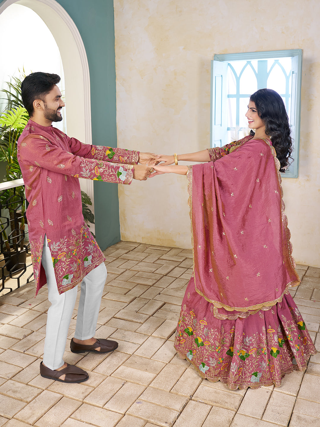 Shopgarb Pink Embroidered Lehenga & Matching Men's Kurta Set