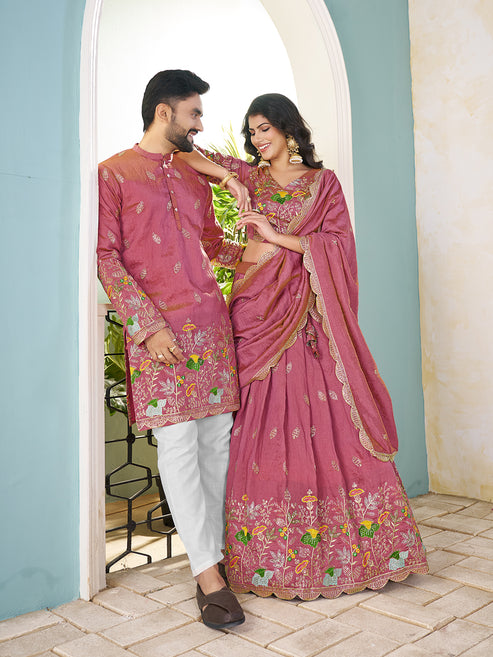 Shopgarb Pink Embroidered Lehenga & Matching Men's Kurta Set