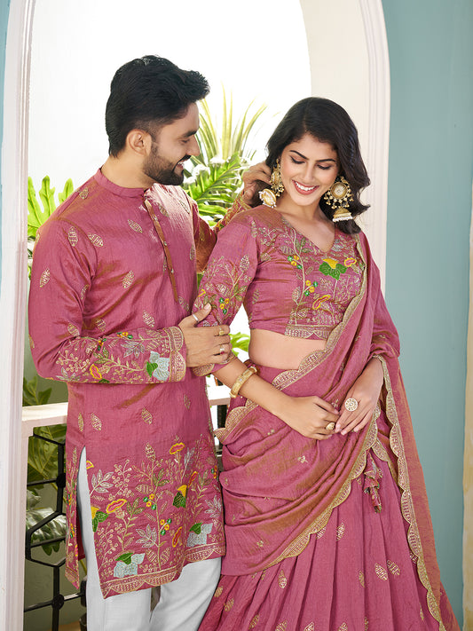 Shopgarb Pink Embroidered Lehenga & Matching Men's Kurta Set