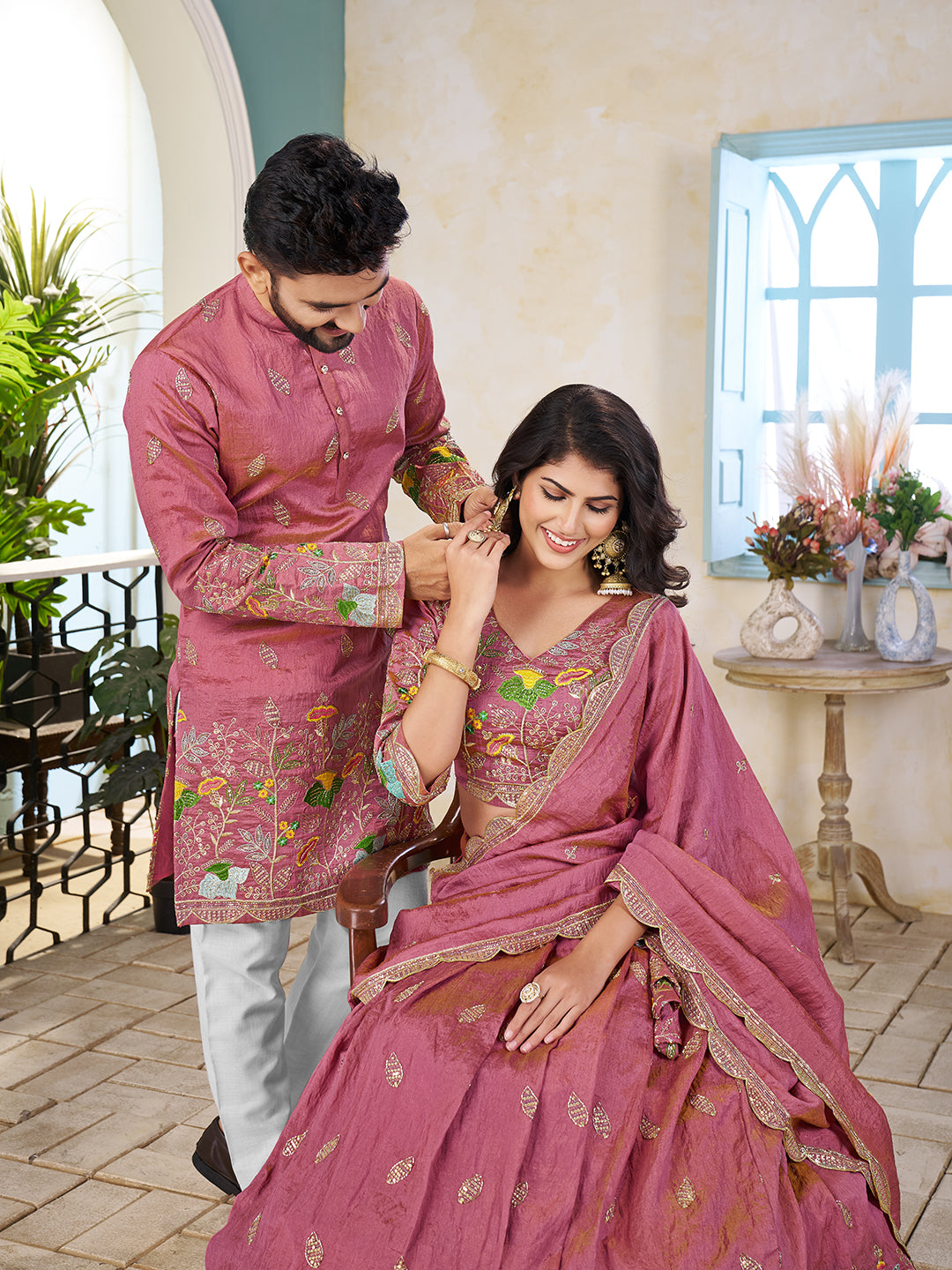 Shopgarb Pink Embroidered Lehenga & Matching Men's Kurta Set