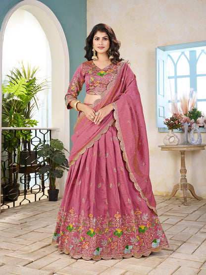 Shopgarb Pink Embroidered Lehenga & Matching Men's Kurta Set