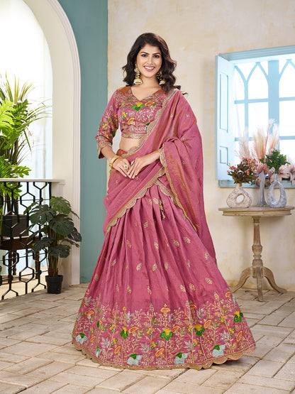 Shopgarb Pink Embroidered Lehenga & Matching Men's Kurta Set