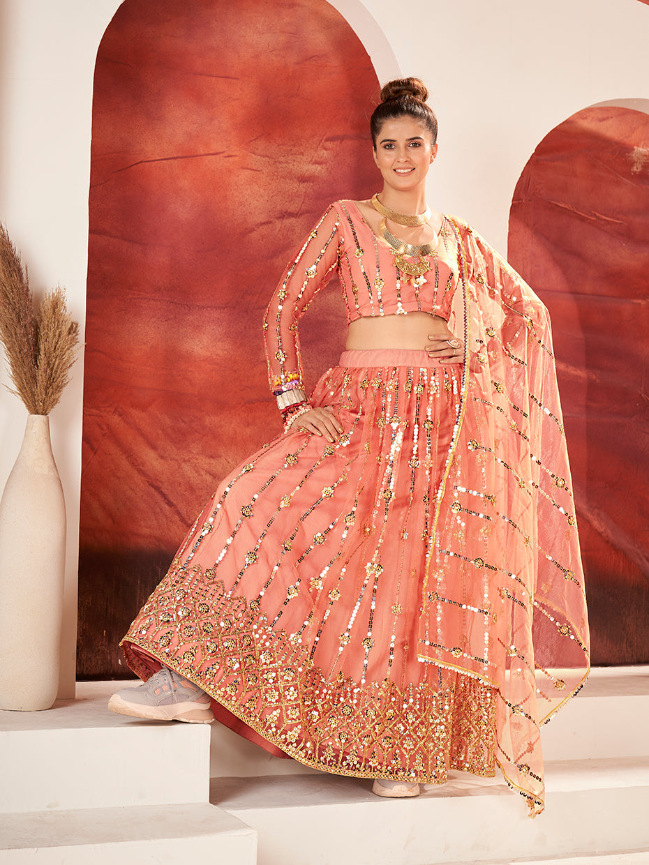 Peach Sequence Embroidered Soft Net Lehenga Choli