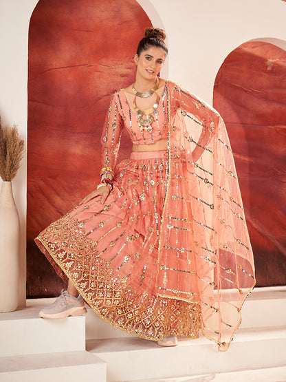 Peach Sequence Embroidered Soft Net Lehenga Choli