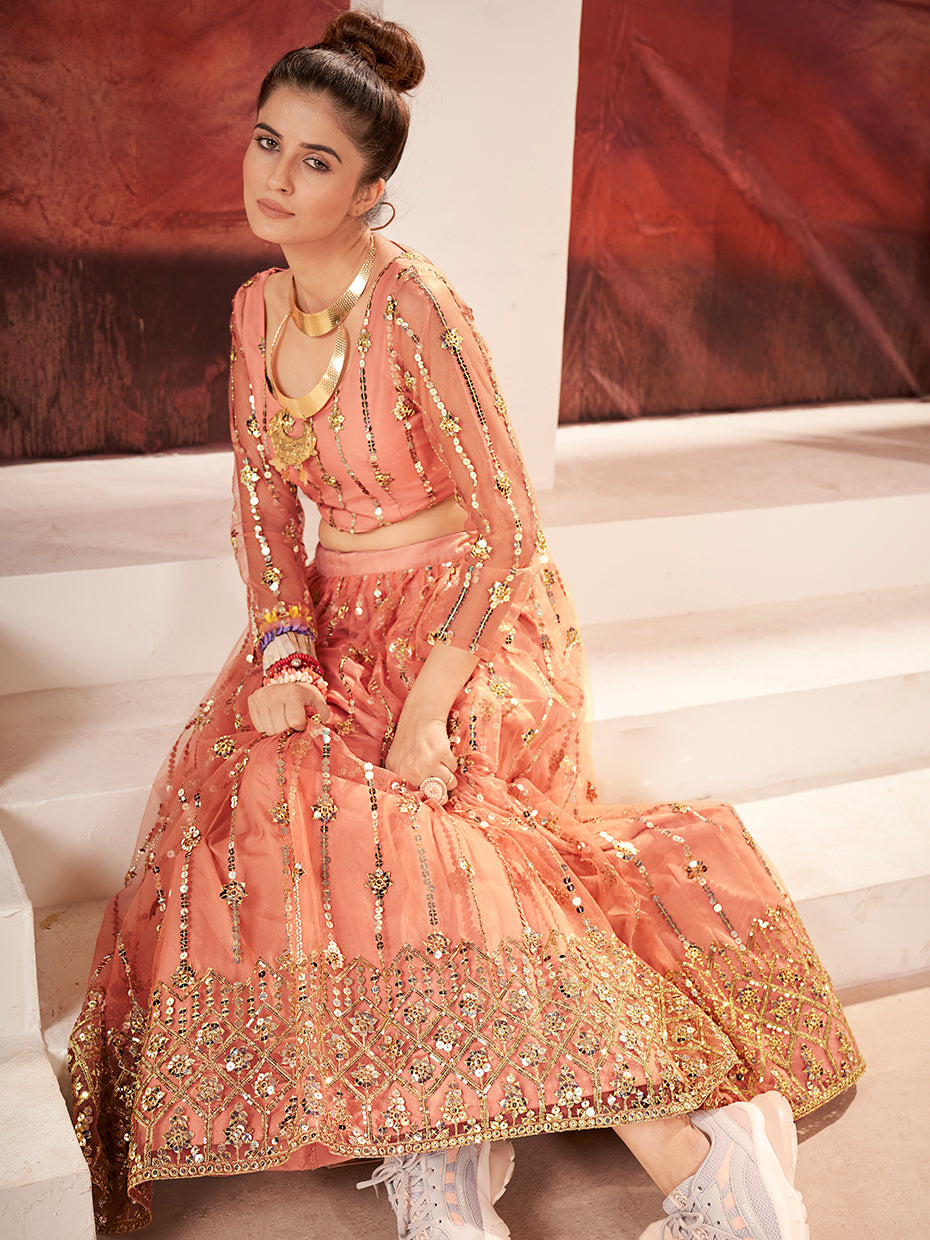 Peach Sequence Embroidered Soft Net Lehenga Choli