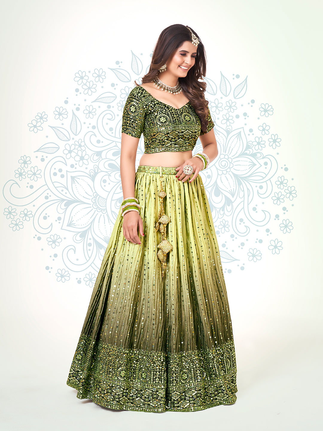Olive Green Navratri Wear Chinon Silk Lehenga Choli