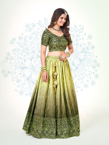 Olive Green Navratri Wear Chinon Silk Lehenga Choli