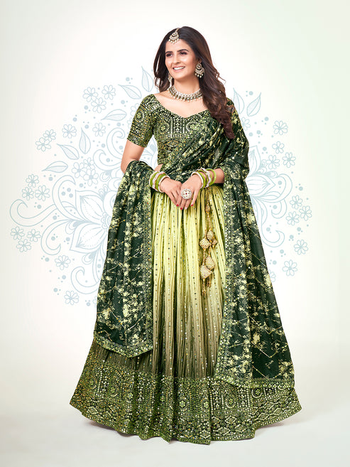 Olive Green Navratri Wear Chinon Silk Lehenga Choli