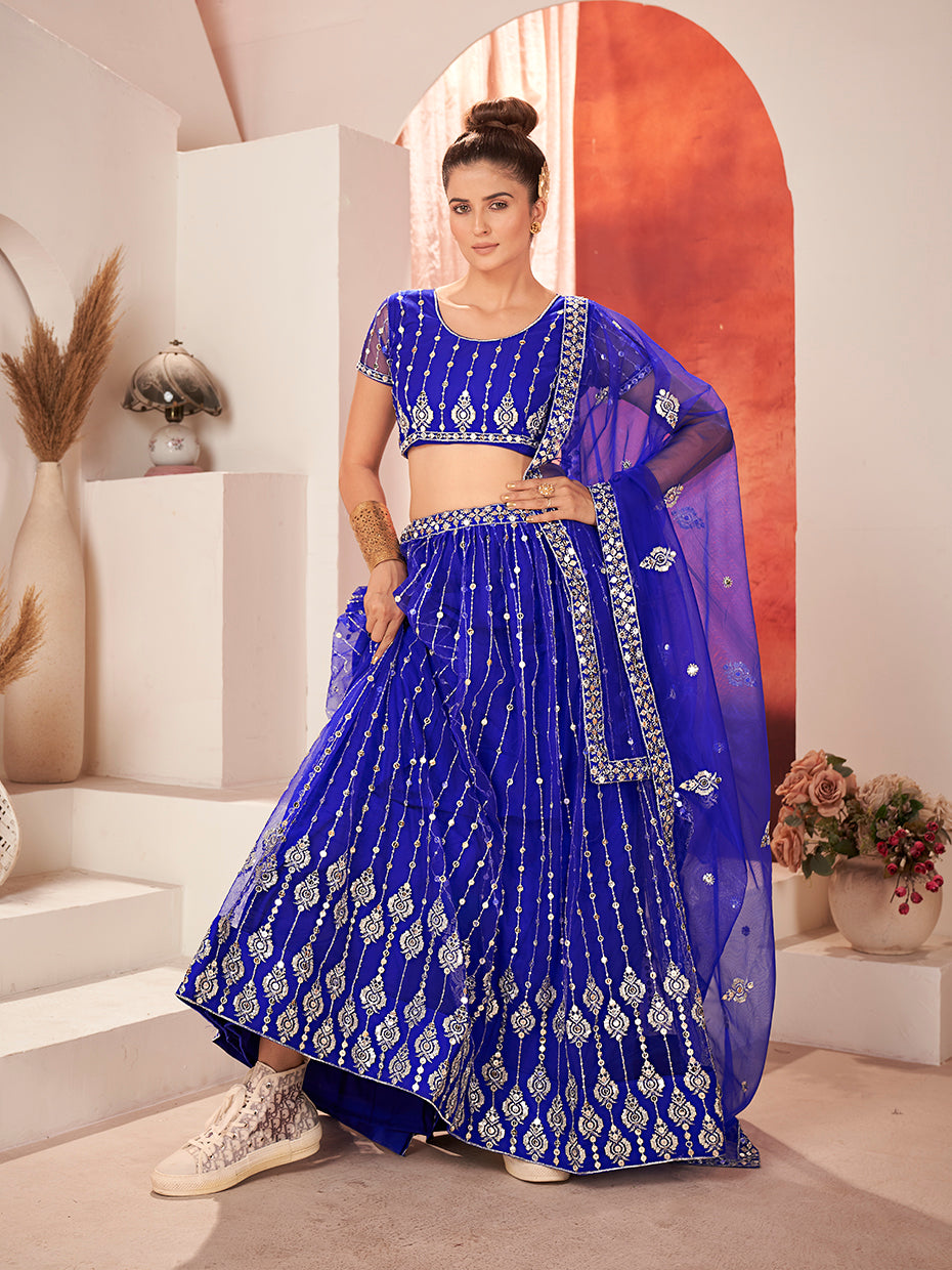 Royal Blue Sequins Embroidered Net Lehenga Choli