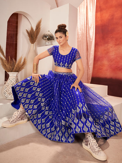 Royal Blue Sequins Embroidered Net Lehenga Choli