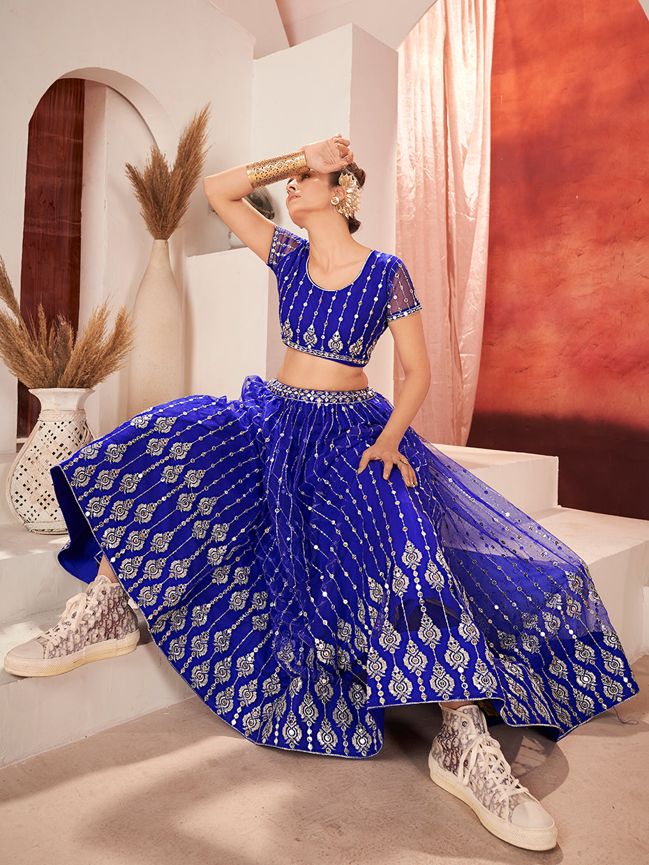 Royal Blue Sequins Embroidered Net Lehenga Choli