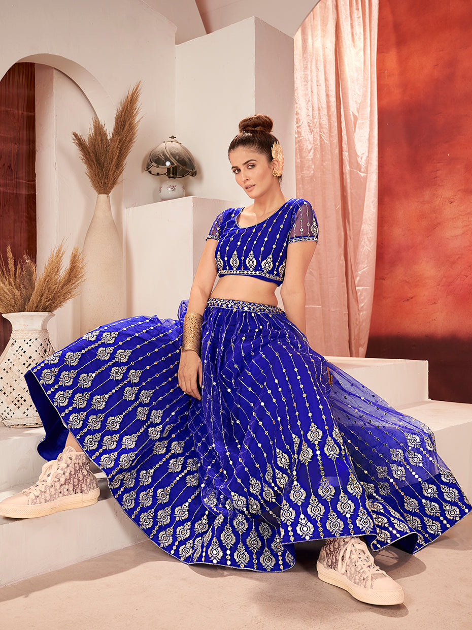Royal Blue Sequins Embroidered Net Lehenga Choli