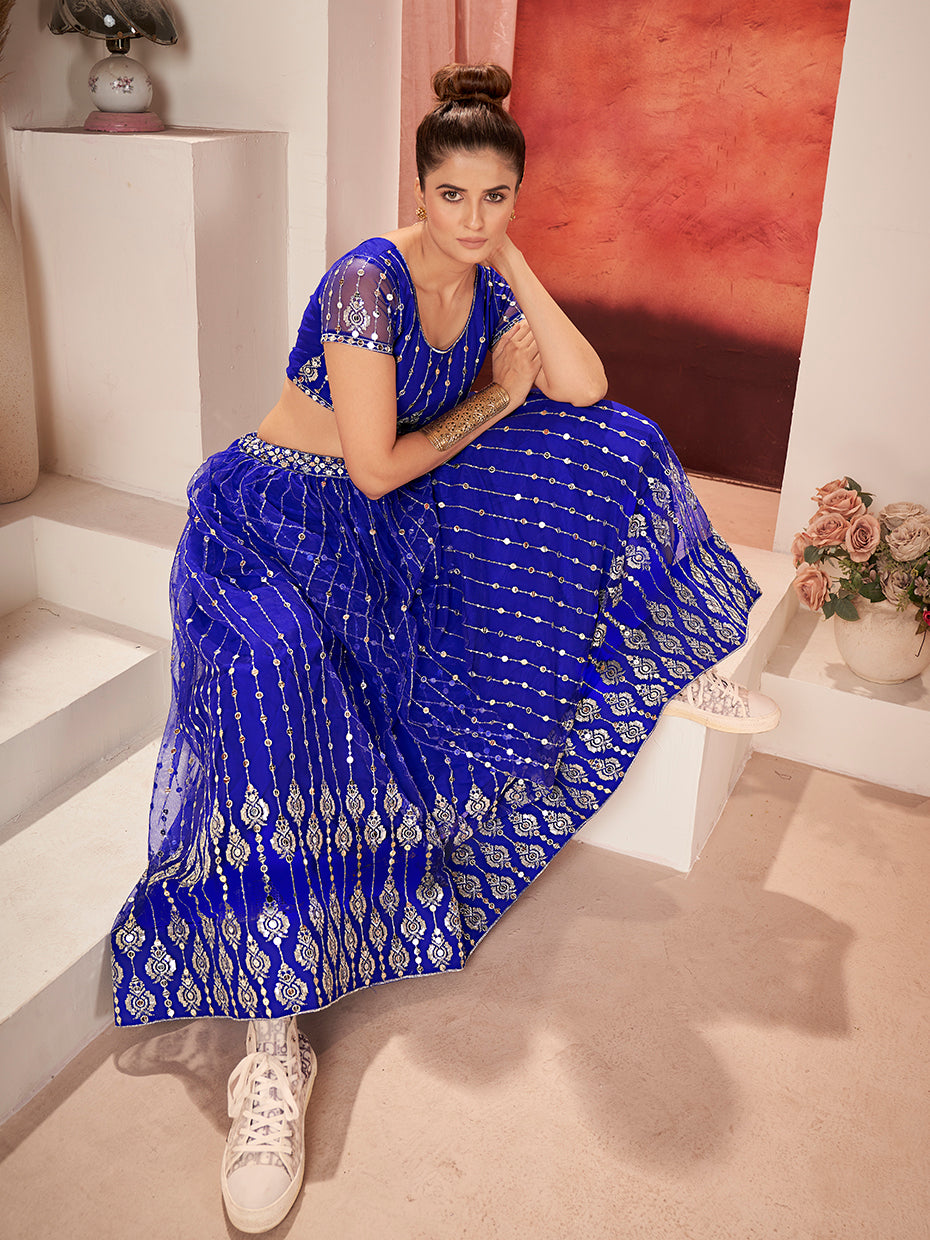 Royal Blue Sequins Embroidered Net Lehenga Choli