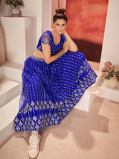 Royal Blue Sequins Embroidered Net Lehenga Choli